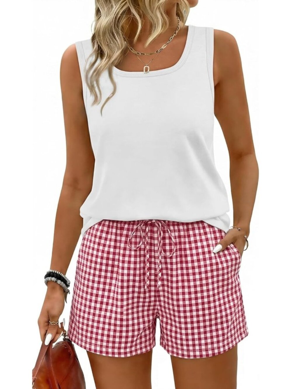 🆕Women Pink Checkered 2 Piece Sets Summer Lounge Short Sets Tank Square Neck